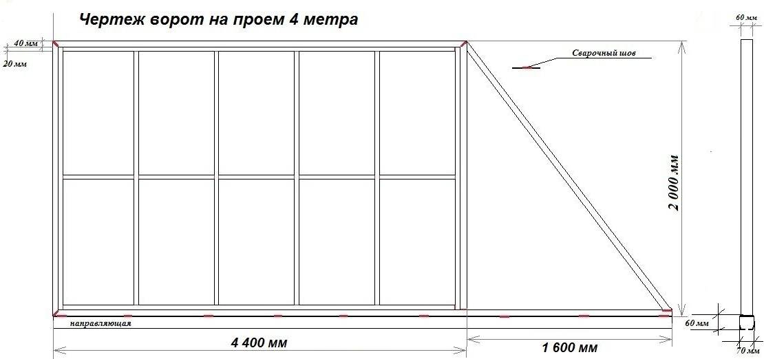 схема монтажа откатных ворот проем 4 метра